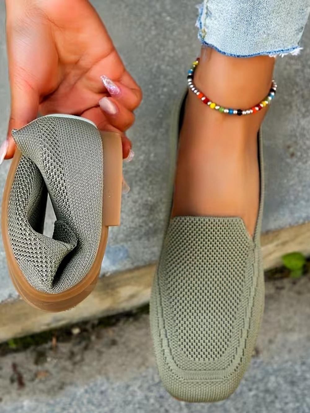 Women’s Casual Knit Slip-On Loafers in Olive Green